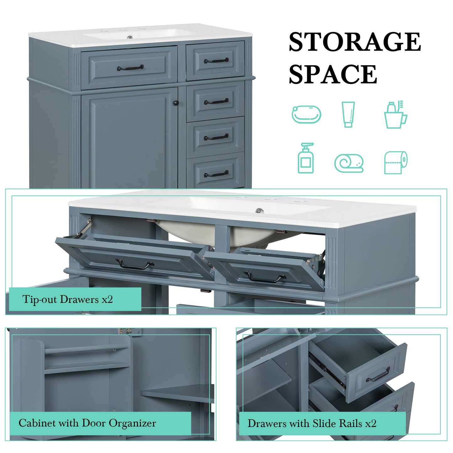 VanityFus 36-in Grey Blue Bathroom Vanity Single Sink Combo Ceramic Top 1 door 4 drawers Undermount Adjustable Shelves