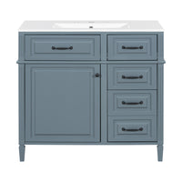 VanityFus 36-in Grey Blue Bathroom Vanity Single Sink Combo Ceramic Top 1 door 4 drawers Undermount Adjustable Shelves