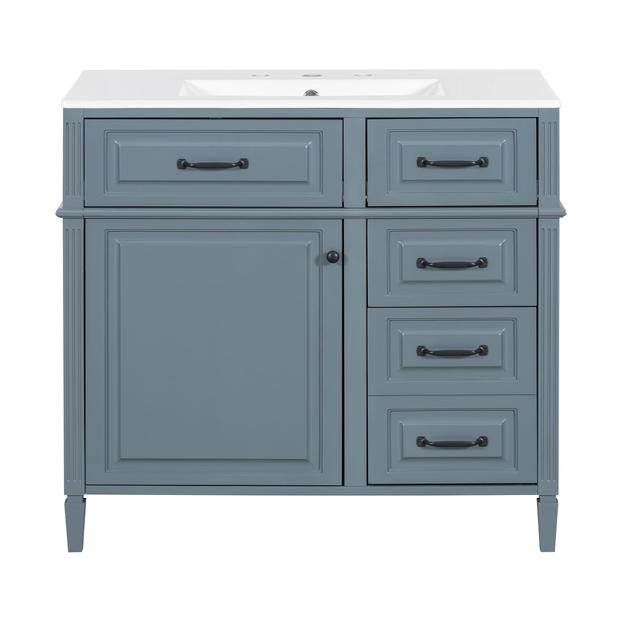VanityFus 36-in Grey Blue Bathroom Vanity Single Sink Combo Ceramic Top 1 door 4 drawers Undermount Adjustable Shelves