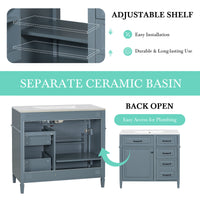VanityFus 36-in Grey Blue Bathroom Vanity Single Sink Combo Ceramic Top 1 door 4 drawers Undermount Adjustable Shelves