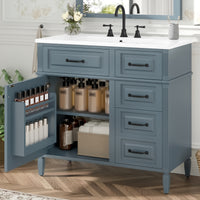 VanityFus 36-in Grey Blue Bathroom Vanity Single Sink Combo Ceramic Top 1 door 4 drawers Undermount Adjustable Shelves