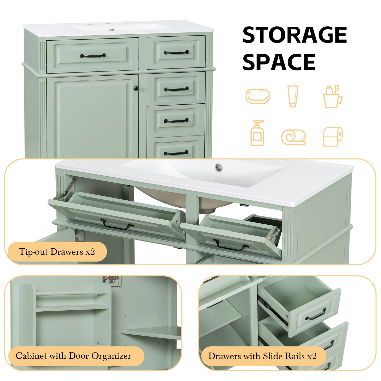 VanityFus 36-in Green Bathroom Vanity Single Sink Combo Ceramic Top 1 door 4 drawers Undermount Adjustable Shelves
