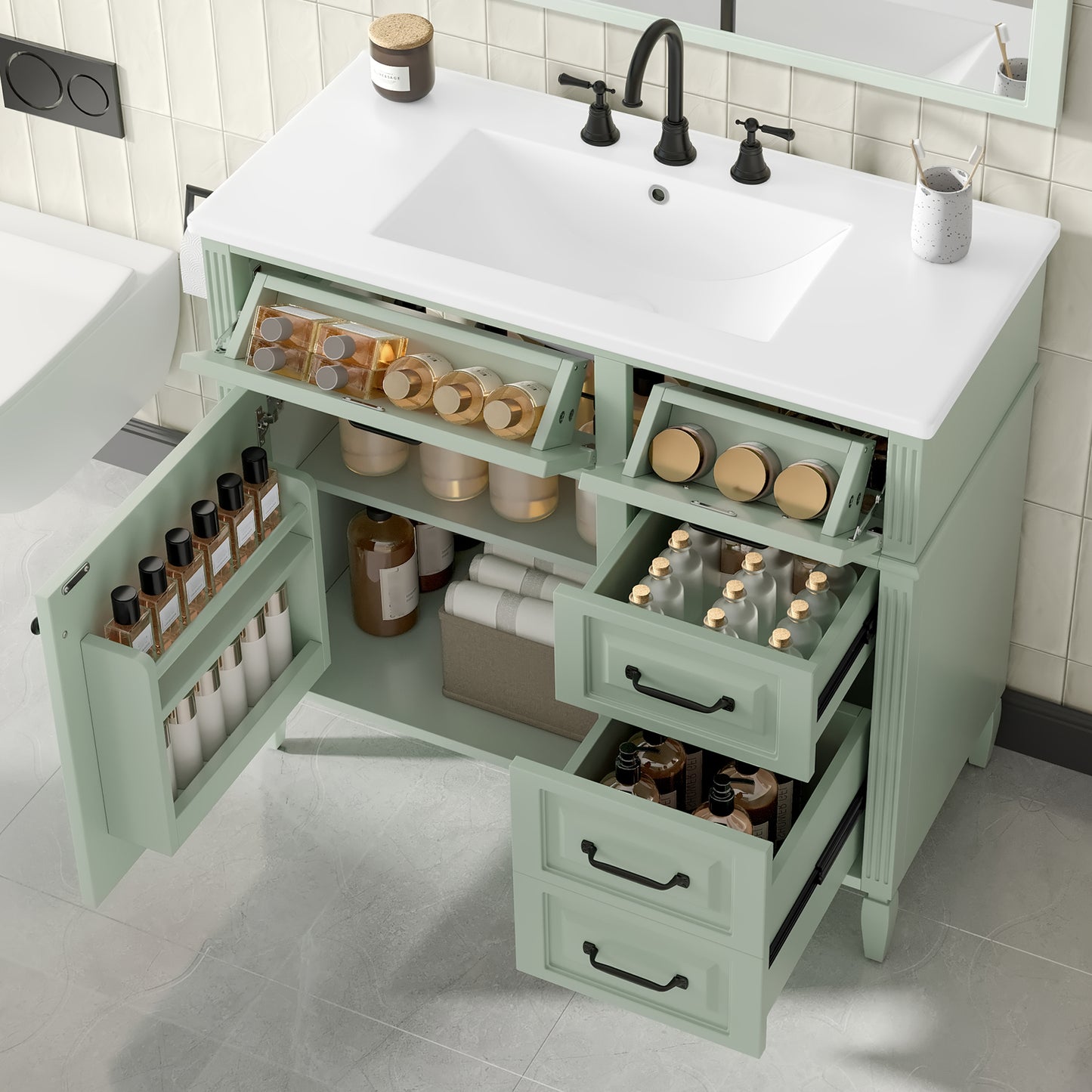 VanityFus 36-in Green Bathroom Vanity Single Sink Combo Ceramic Top 1 door 4 drawers Undermount Adjustable Shelves