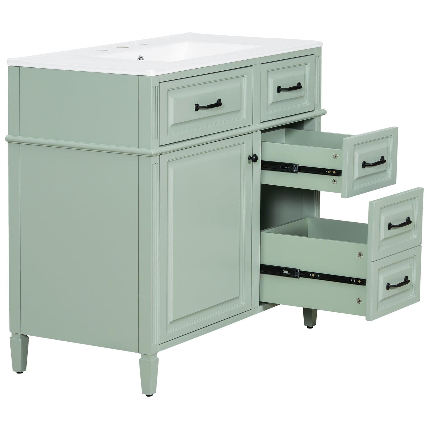 VanityFus 36-in Green Bathroom Vanity Single Sink Combo Ceramic Top 1 door 4 drawers Undermount Adjustable Shelves