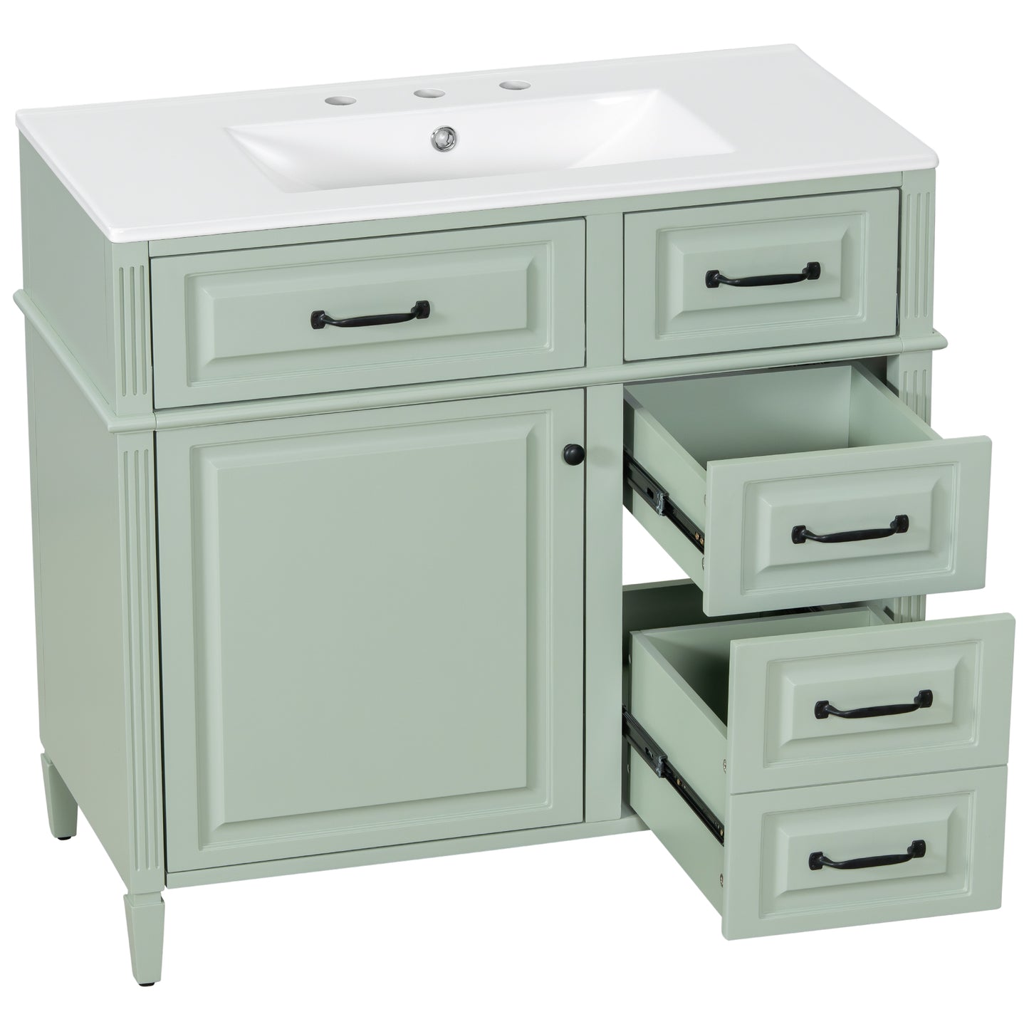 VanityFus 36-in Green Bathroom Vanity Single Sink Combo Ceramic Top 1 door 4 drawers Undermount Adjustable Shelves