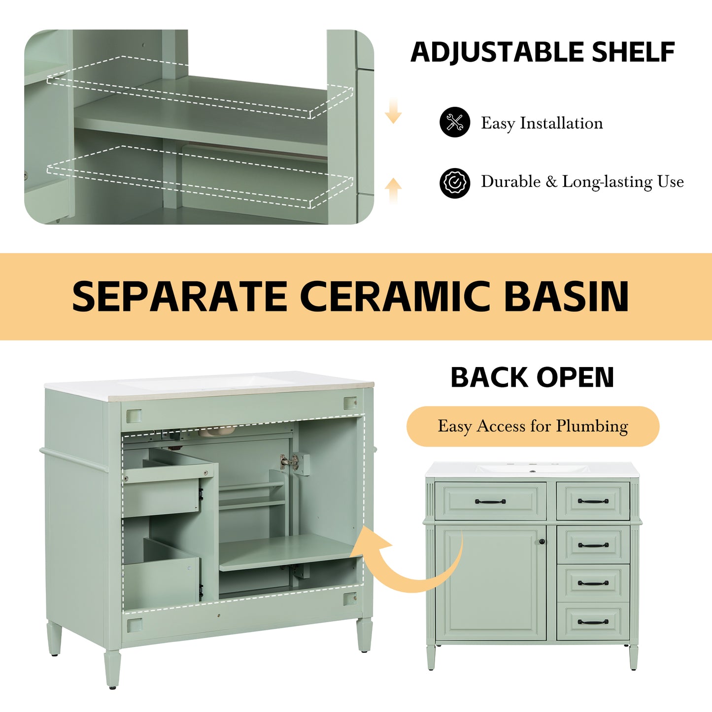 VanityFus 36-in Green Bathroom Vanity Single Sink Combo Ceramic Top 1 door 4 drawers Undermount Adjustable Shelves