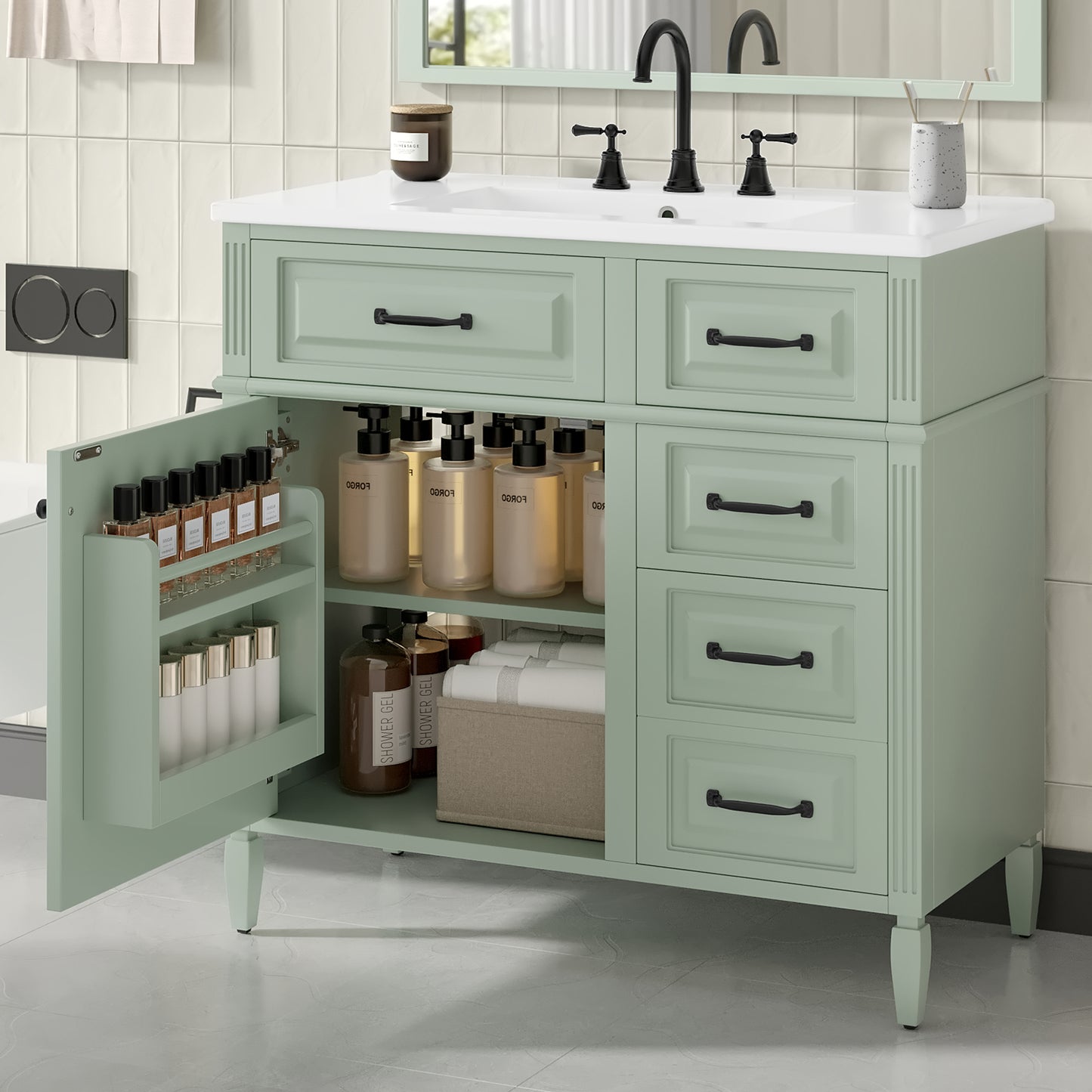 VanityFus 36-in Green Bathroom Vanity Single Sink Combo Ceramic Top 1 door 4 drawers Undermount Adjustable Shelves