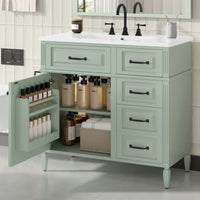 VanityFus 36-in Green Bathroom Vanity Single Sink Combo Ceramic Top 1 door 4 drawers Undermount Adjustable Shelves