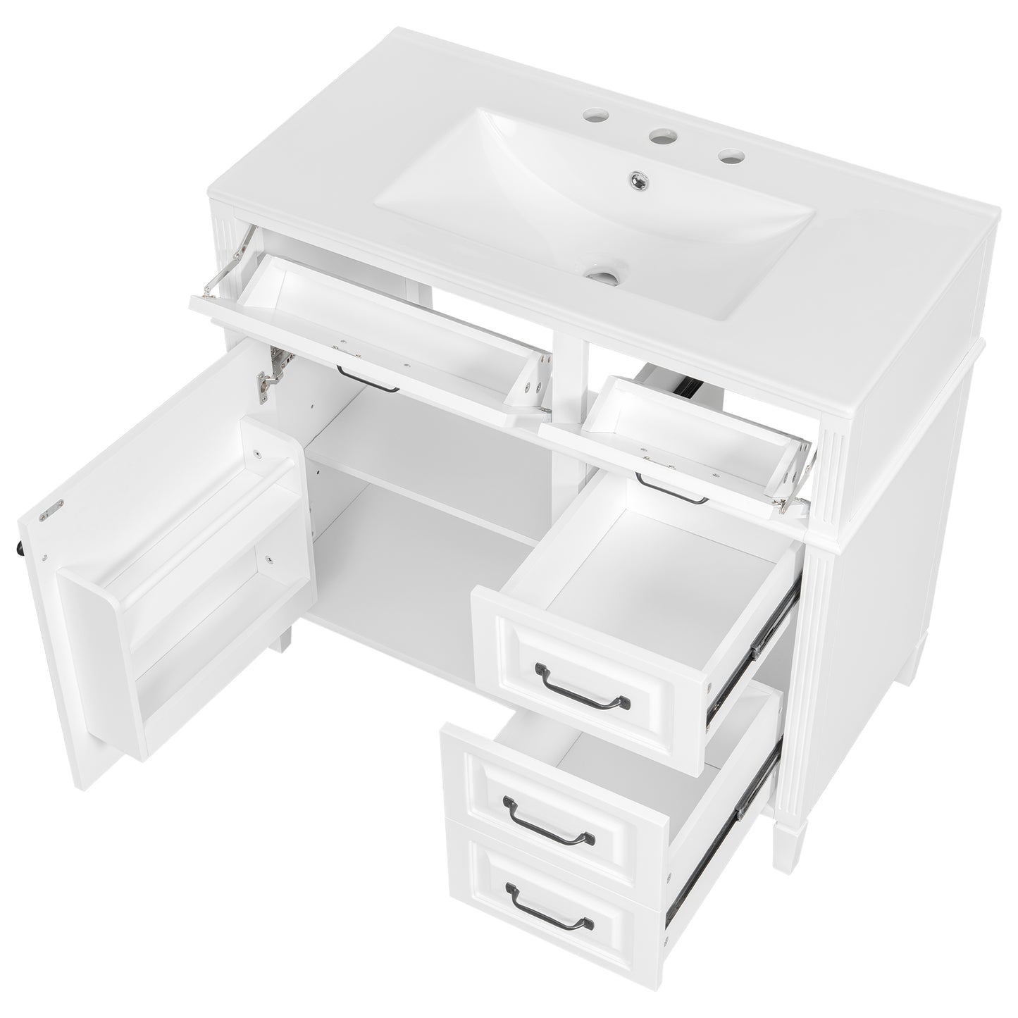 VanityFus 36-in Bathroom Vanity White Single Sink Combo with Ceramic Top 1 Door 4 Drawers Adjustable Shelves