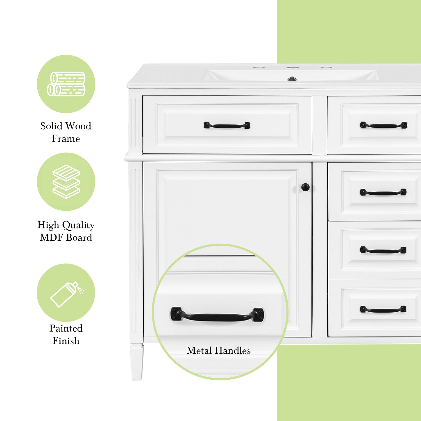 VanityFus 36-in Bathroom Vanity White Single Sink Combo with Ceramic Top 1 Door 4 Drawers Adjustable Shelves