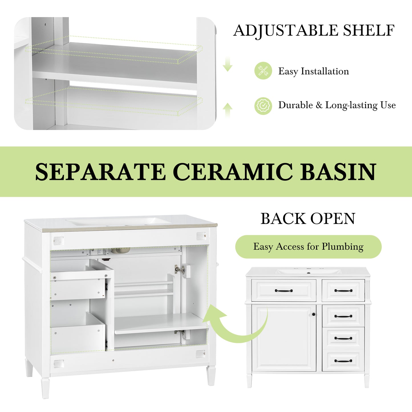 VanityFus 36-in Bathroom Vanity White Single Sink Combo with Ceramic Top 1 Door 4 Drawers Adjustable Shelves