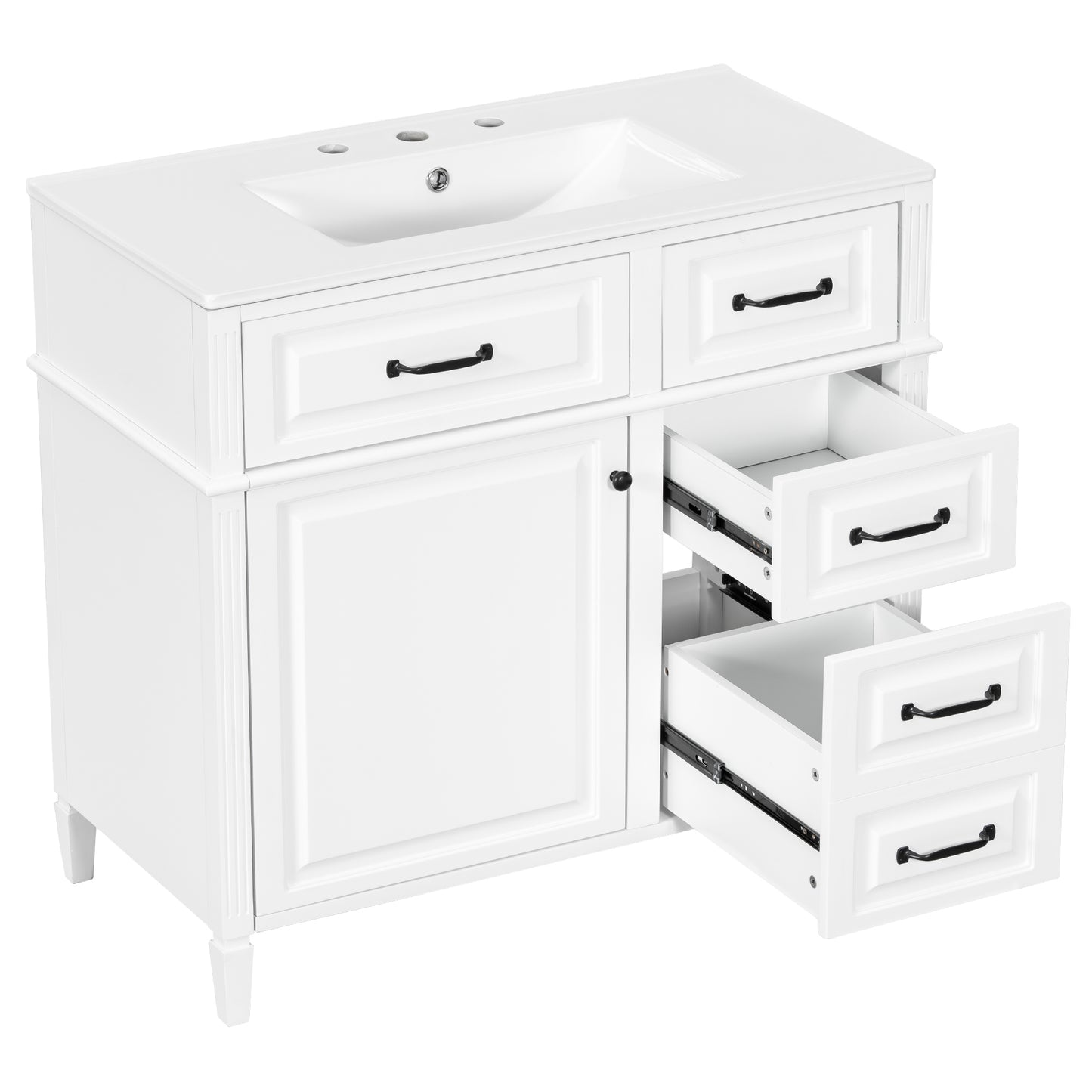 VanityFus 36-in Bathroom Vanity White Single Sink Combo with Ceramic Top 1 Door 4 Drawers Adjustable Shelves