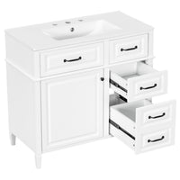 VanityFus 36-in Bathroom Vanity White Single Sink Combo with Ceramic Top 1 Door 4 Drawers Adjustable Shelves