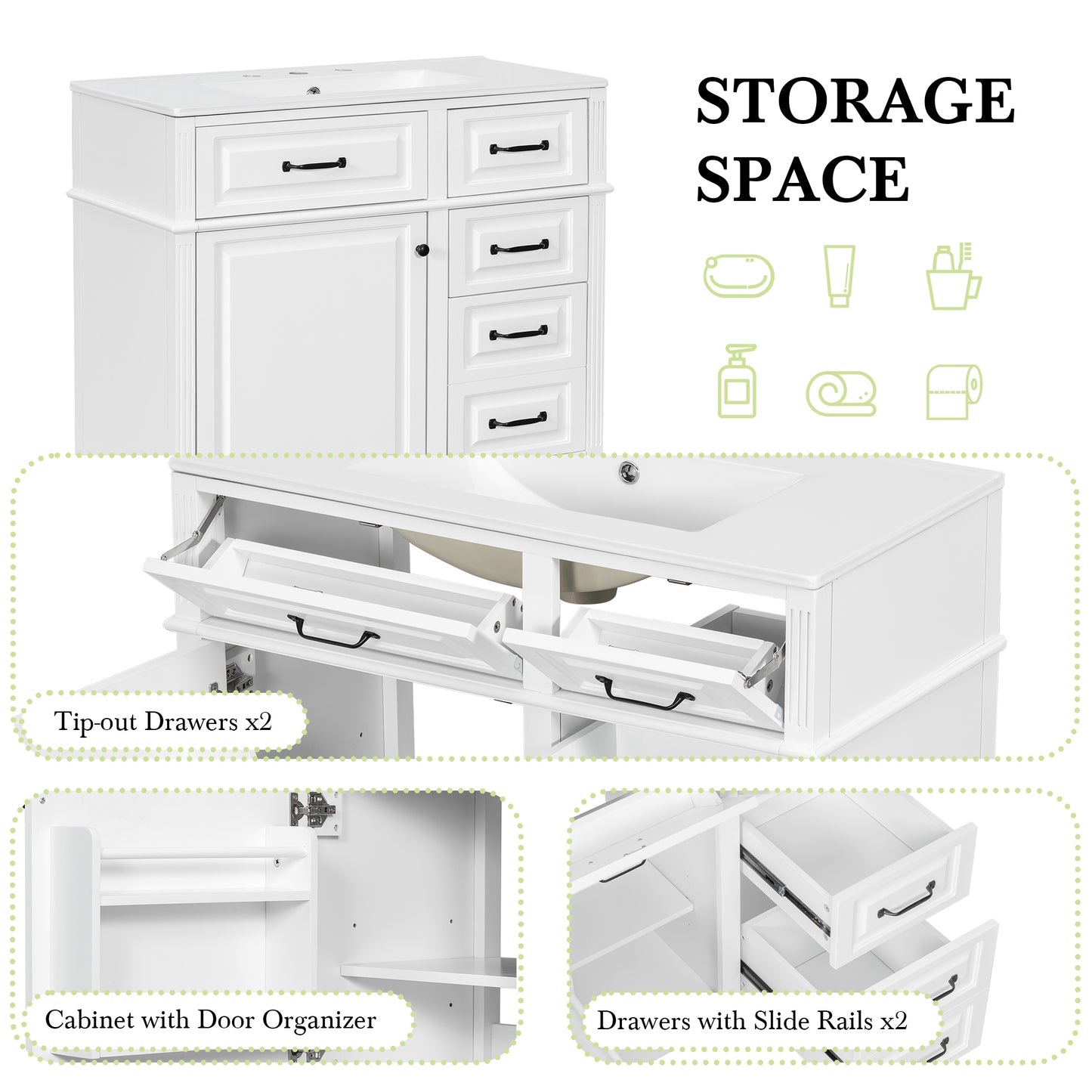 VanityFus 36-in Bathroom Vanity White Single Sink Combo with Ceramic Top 1 Door 4 Drawers Adjustable Shelves