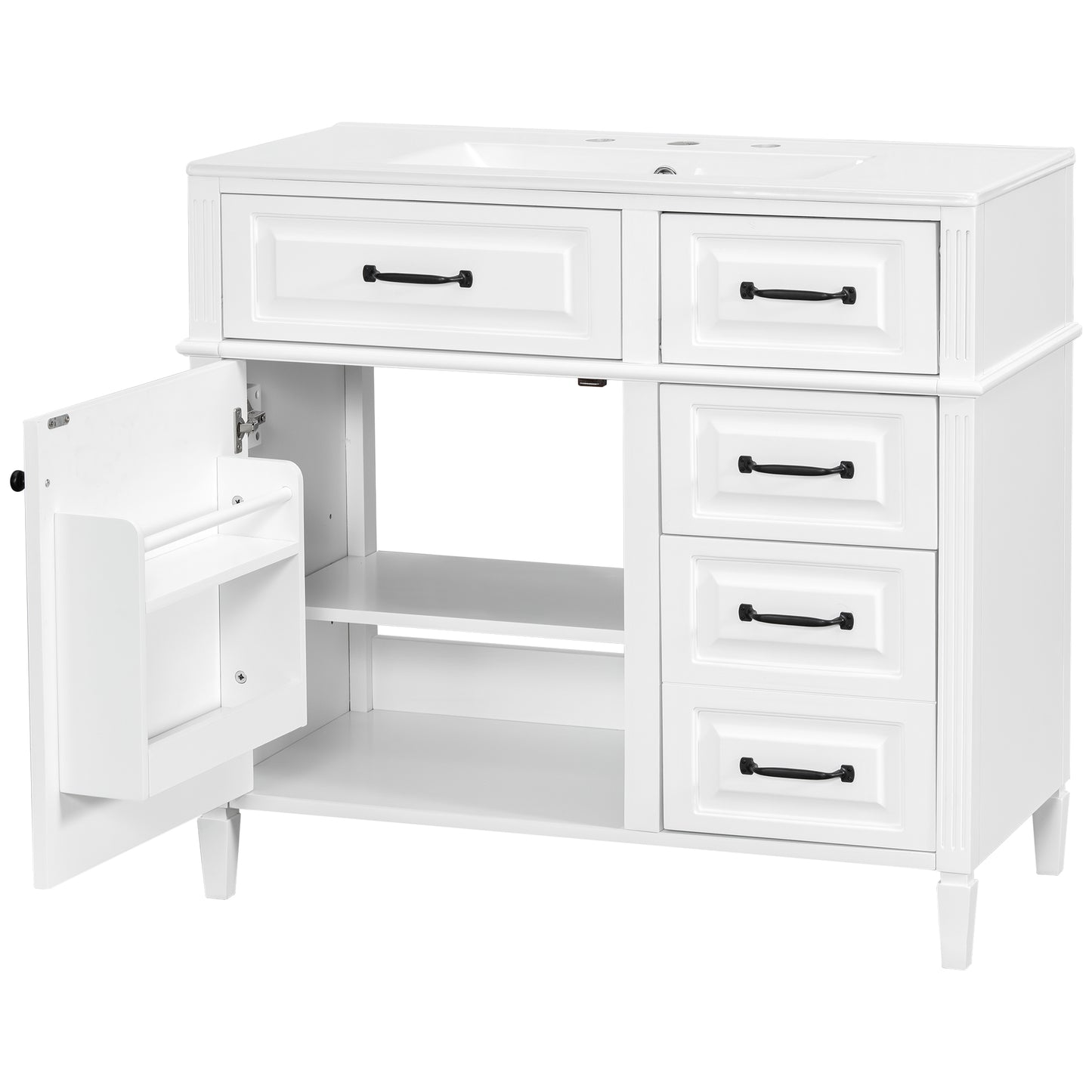 VanityFus 36-in Bathroom Vanity White Single Sink Combo with Ceramic Top 1 Door 4 Drawers Adjustable Shelves