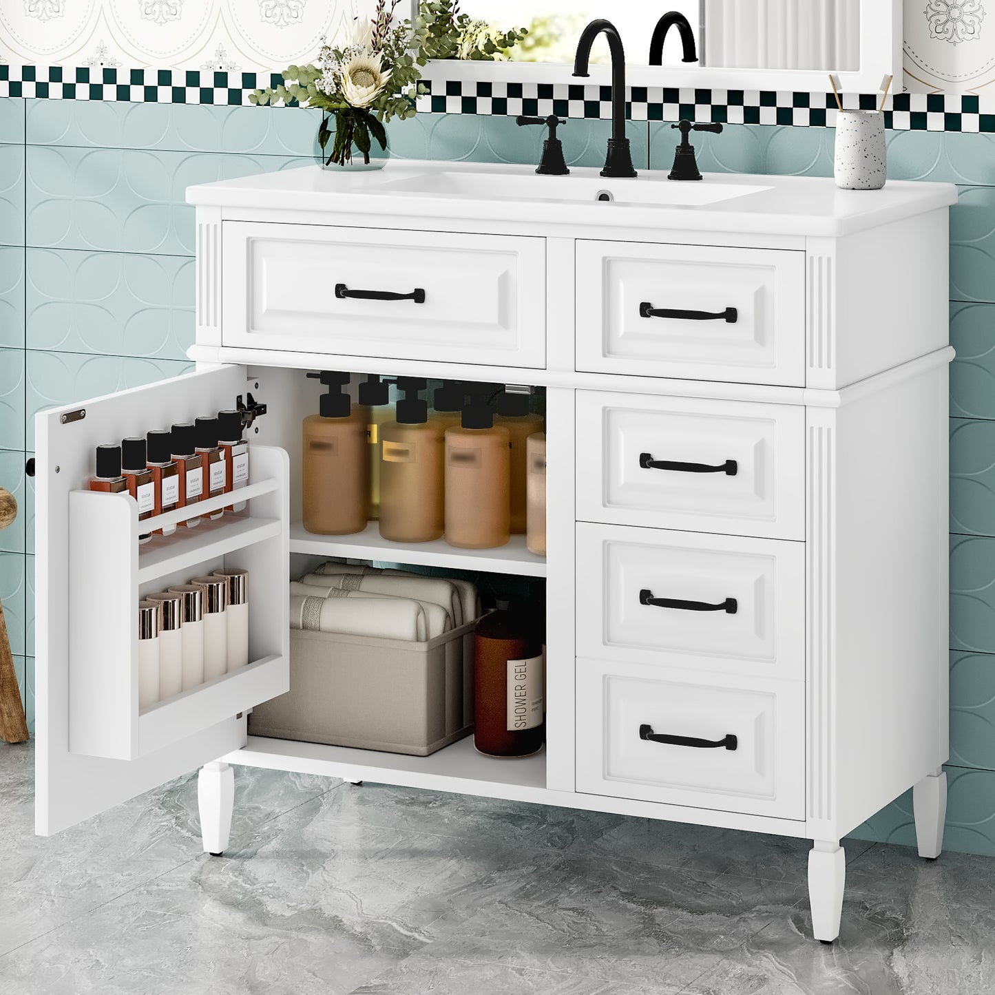 VanityFus 36-in Bathroom Vanity White Single Sink Combo with Ceramic Top 1 Door 4 Drawers Adjustable Shelves
