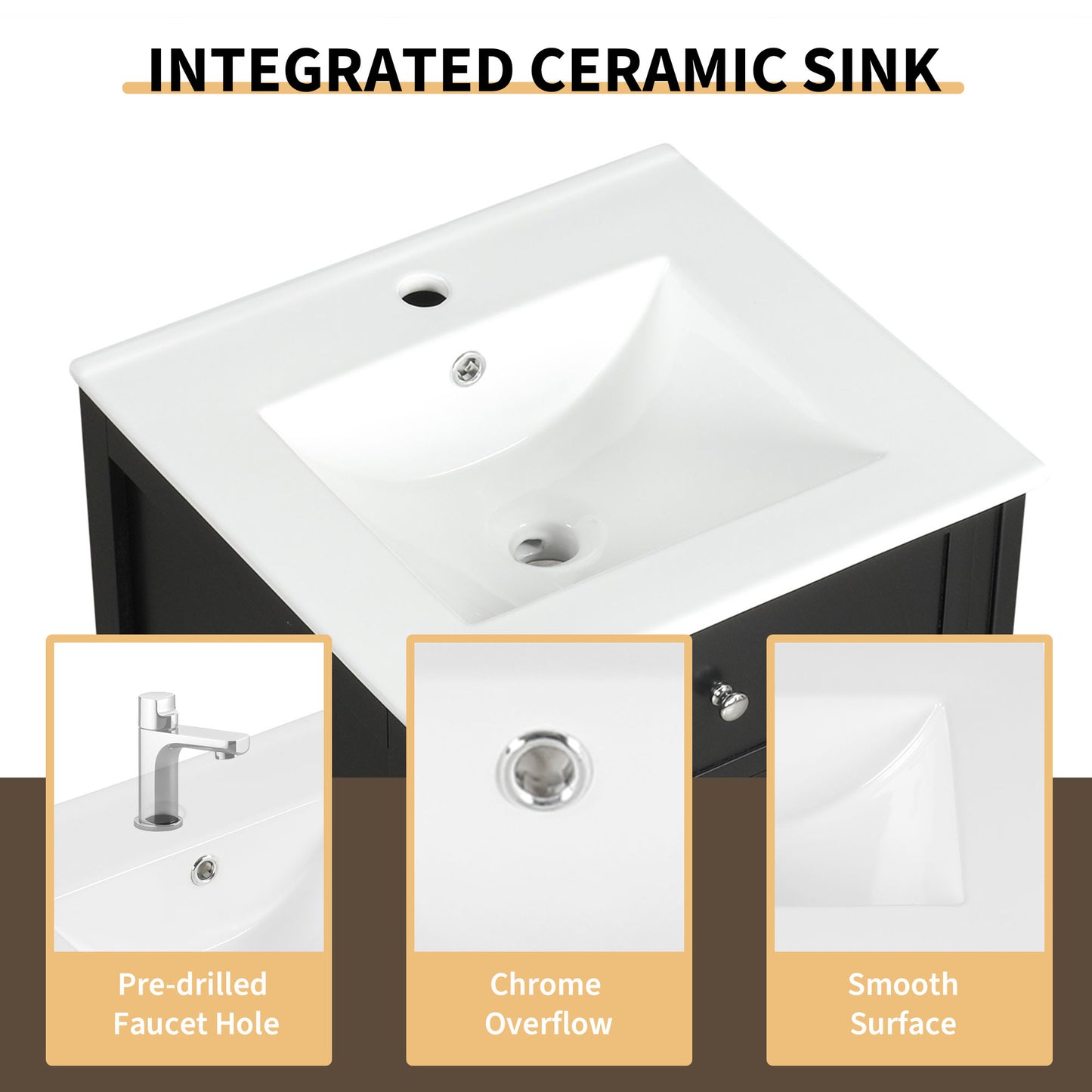 VanityFus 20-in Bathroom Vanity Black Single Sink Combo with Ceramic Top 1 Soft Close Door Adjustable Shelves