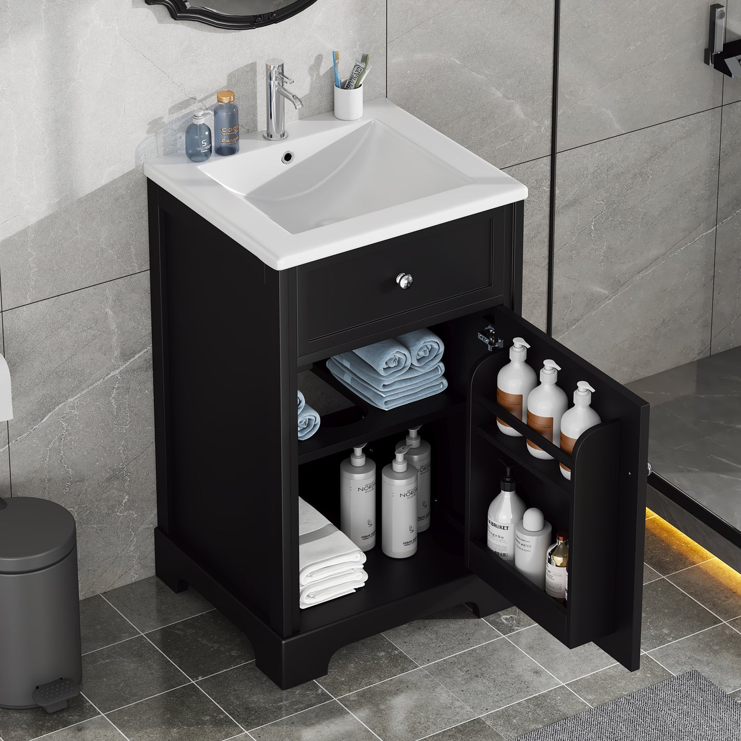 VanityFus 20-in Bathroom Vanity Black Single Sink Combo with Ceramic Top 1 Soft Close Door Adjustable Shelves