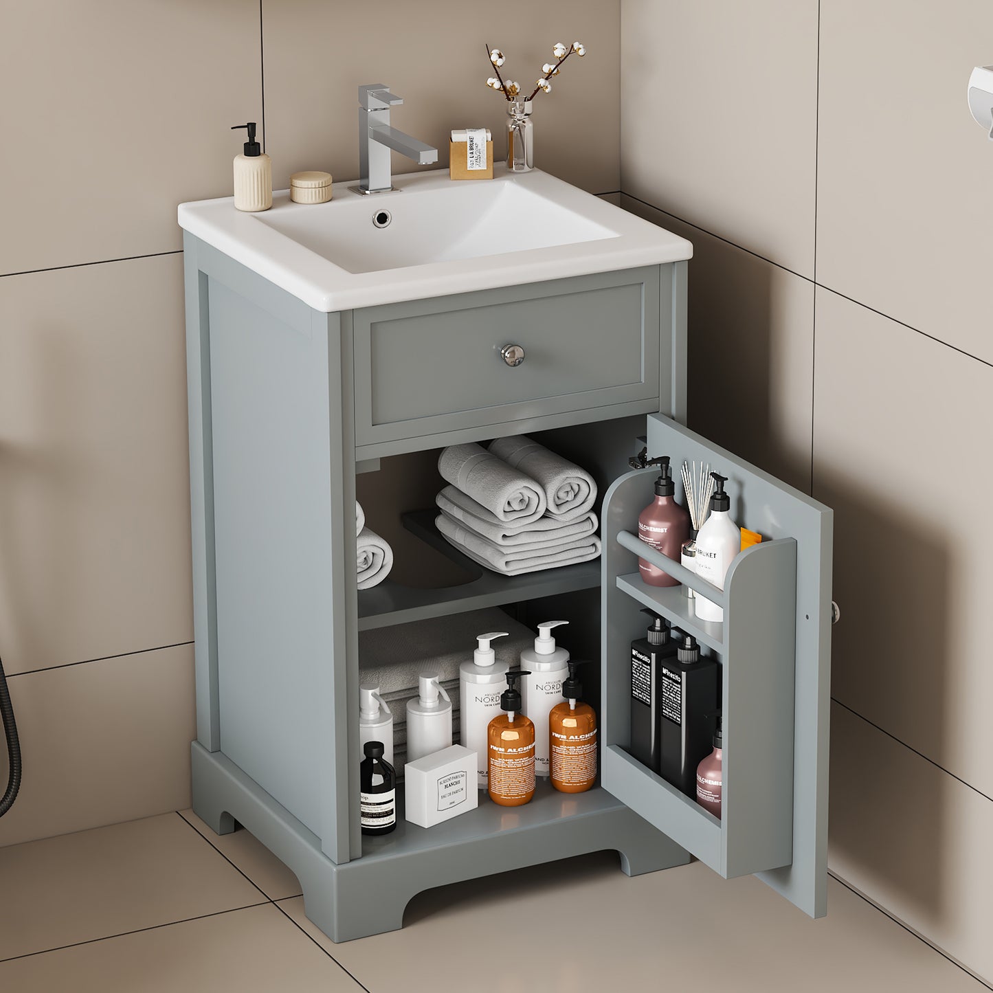 VanityFus 20-in Bathroom Vanity Gray Single Sink Combo with Ceramic Top 1 Soft Close Door Adjustable Shelves
