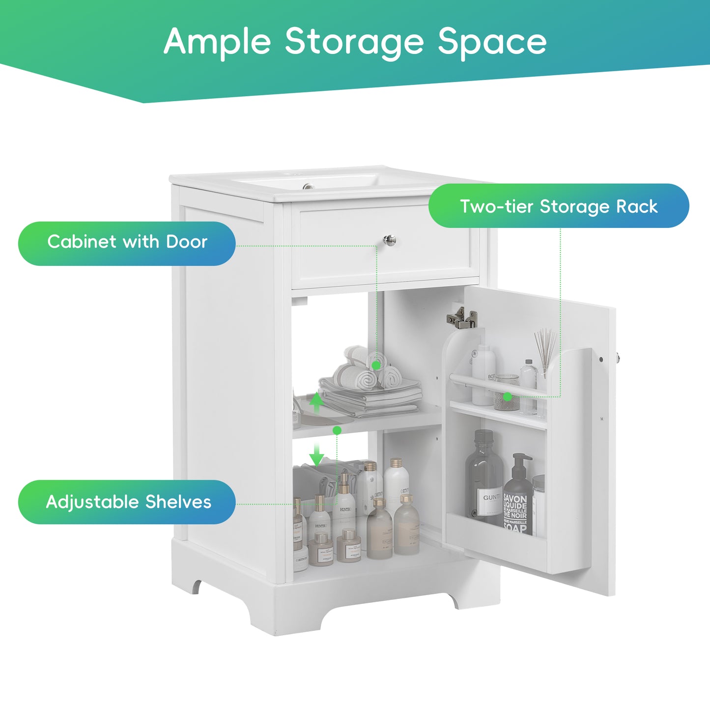 VanityFus 20-in Bathroom Vanity White Single Sink Combo with Ceramic Top 1 Soft Close Door Adjustable Shelves
