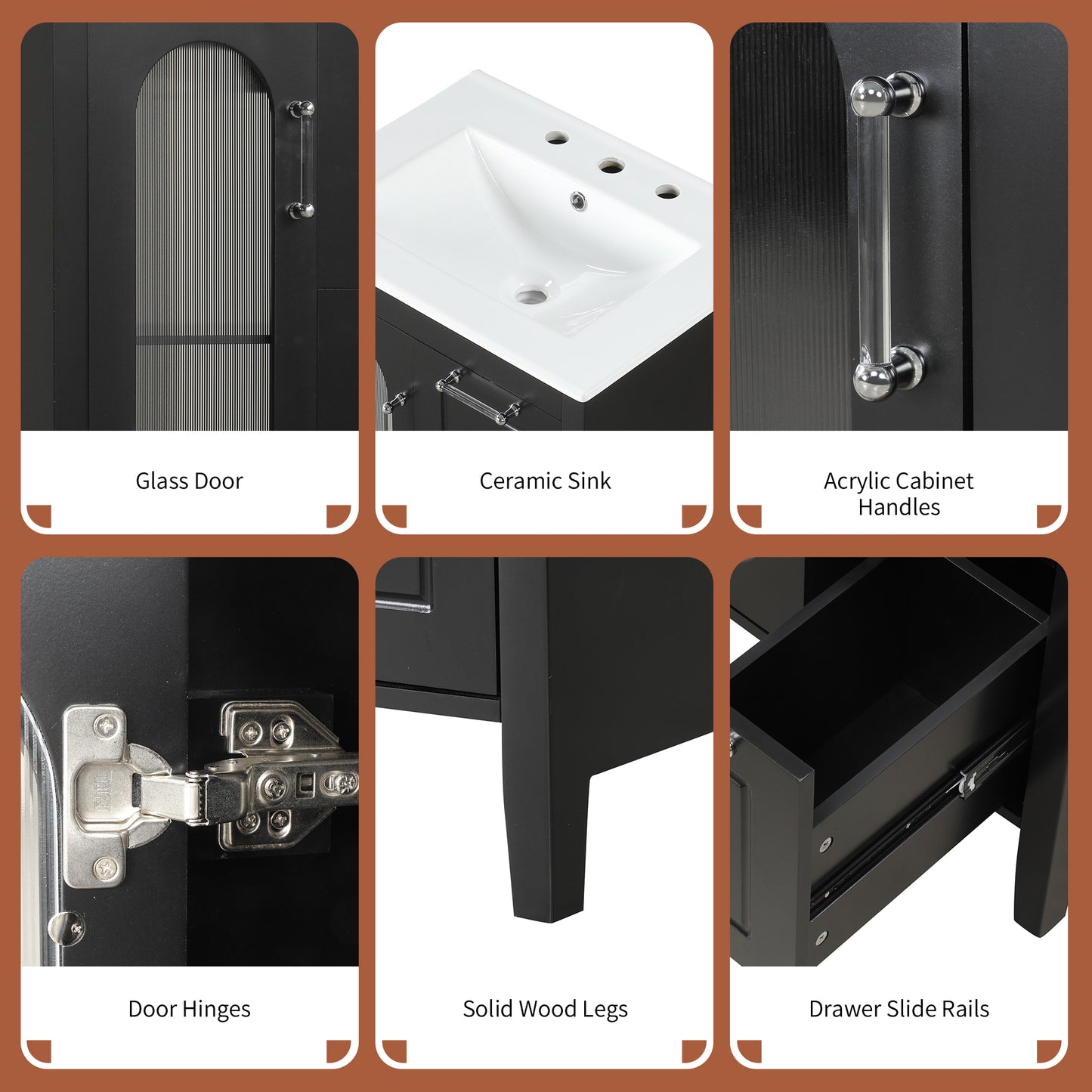 VanityFus 24-in Bathroom Vanity Black Single Sink Combo with Ceramic Top 1 Soft Close Door 2 Drawers Adjustable Shelves