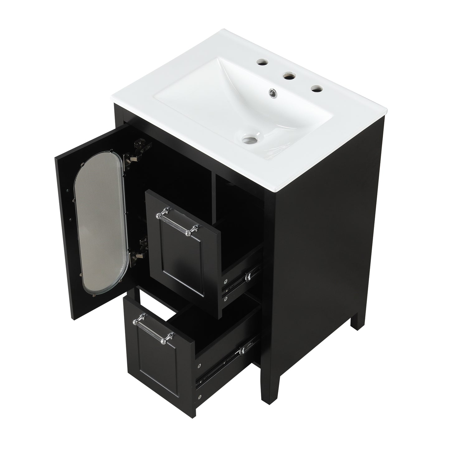 VanityFus 24-in Bathroom Vanity Black Single Sink Combo with Ceramic Top 1 Soft Close Door 2 Drawers Adjustable Shelves