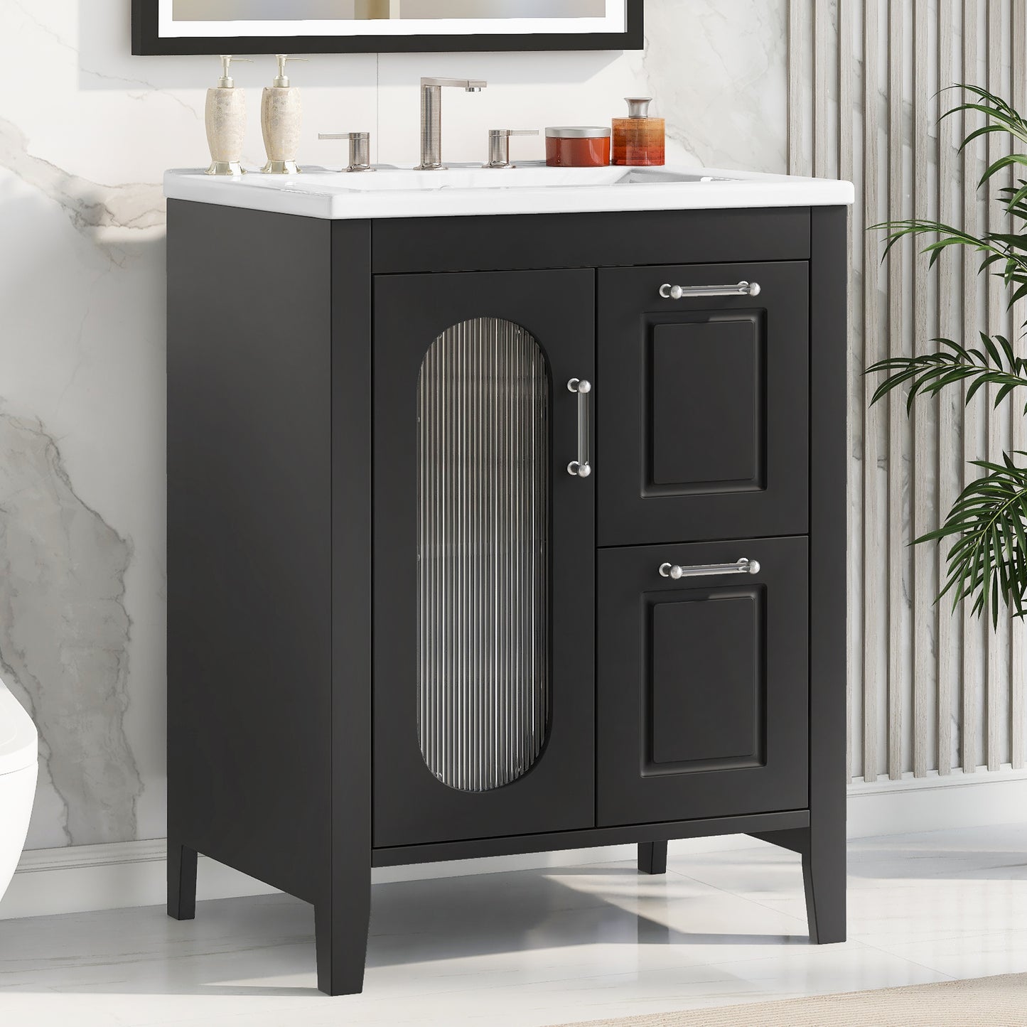 VanityFus 24-in Bathroom Vanity Black Single Sink Combo with Ceramic Top 1 Soft Close Door 2 Drawers Adjustable Shelves