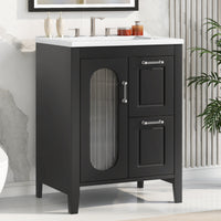 VanityFus 24-in Bathroom Vanity Black Single Sink Combo with Ceramic Top 1 Soft Close Door 2 Drawers Adjustable Shelves