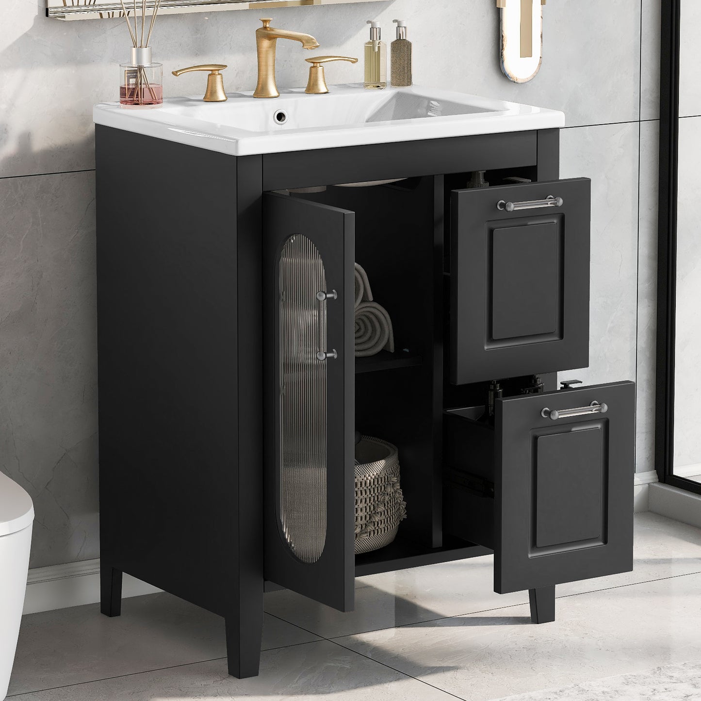 VanityFus 24-in Bathroom Vanity Black Single Sink Combo with Ceramic Top 1 Soft Close Door 2 Drawers Adjustable Shelves