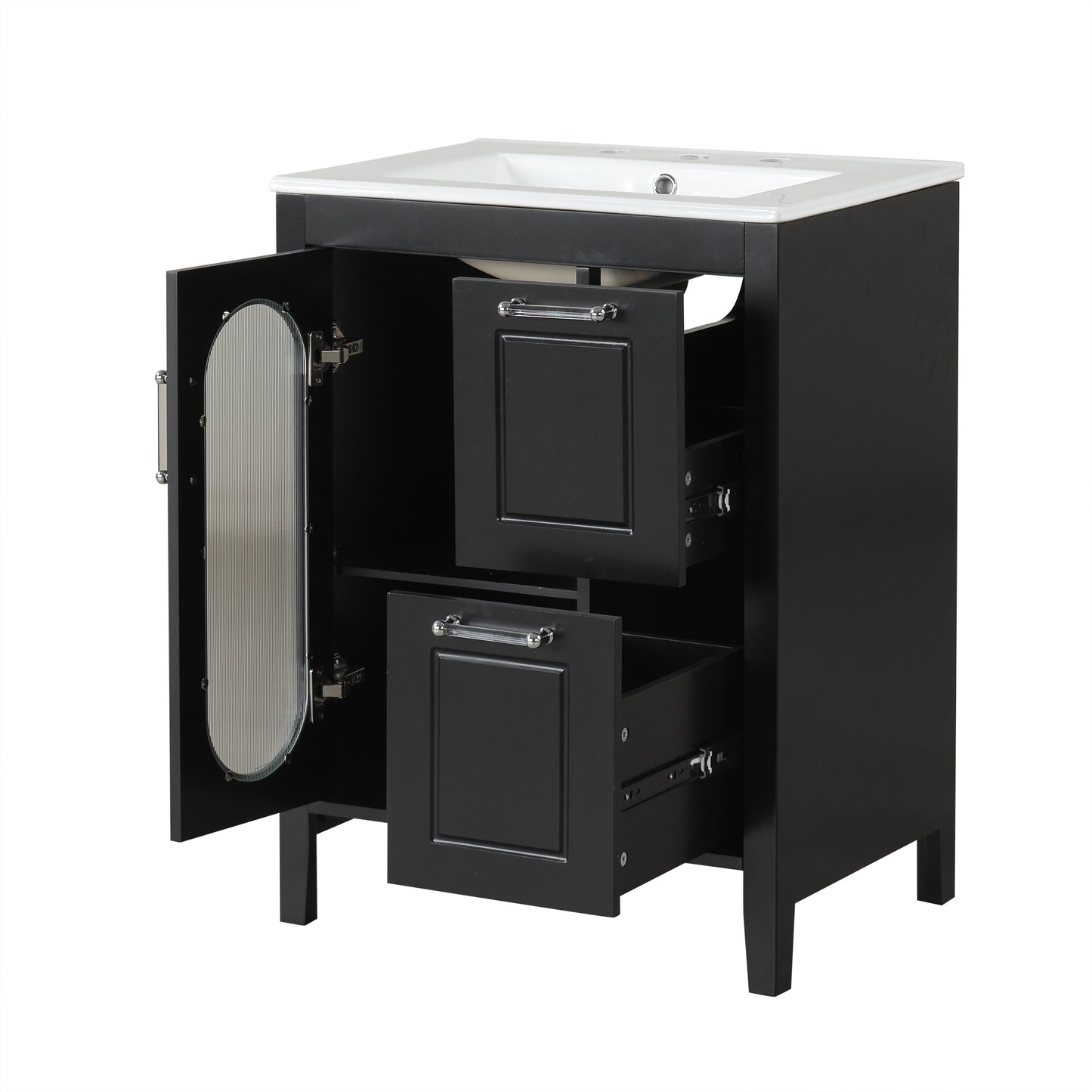VanityFus 24-in Bathroom Vanity Black Single Sink Combo with Ceramic Top 1 Soft Close Door 2 Drawers Adjustable Shelves