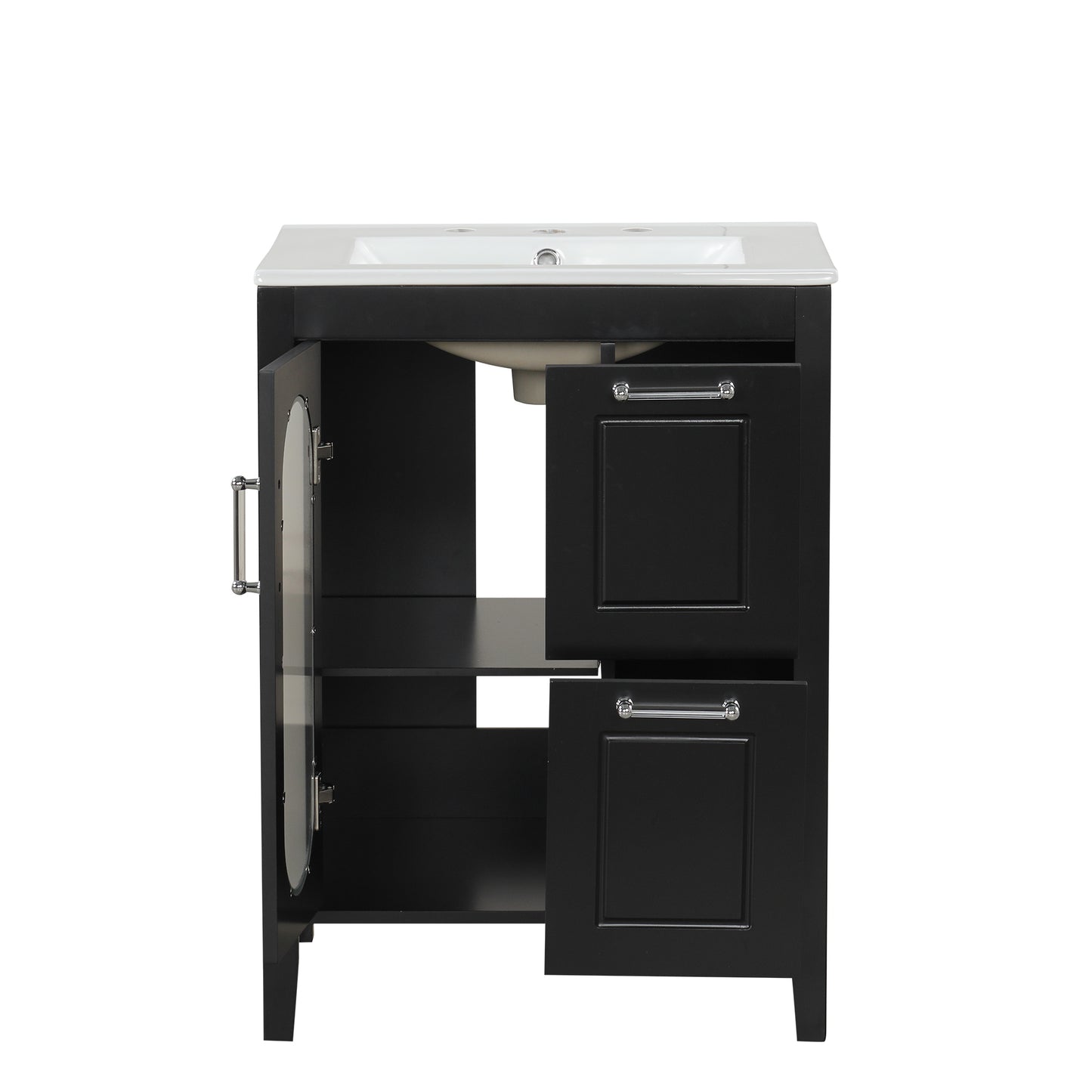 VanityFus 24-in Bathroom Vanity Black Single Sink Combo with Ceramic Top 1 Soft Close Door 2 Drawers Adjustable Shelves