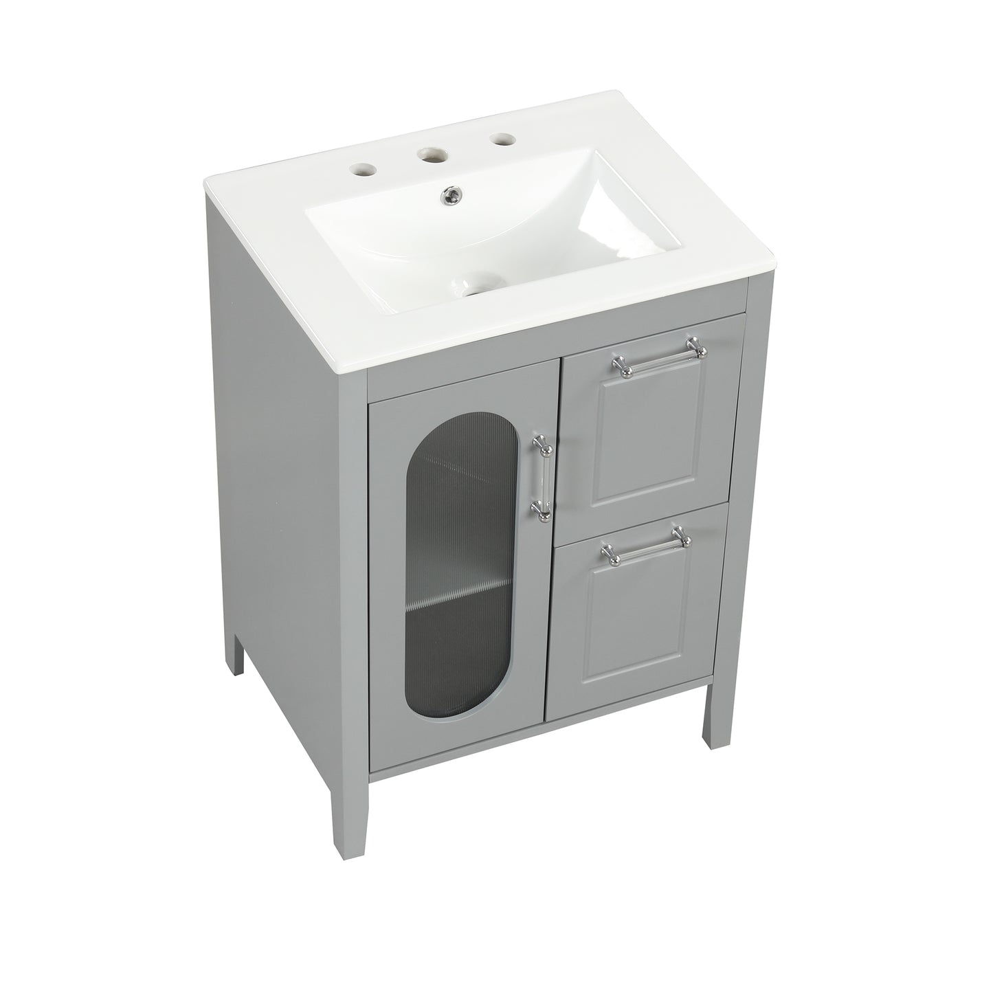 VanityFus 24-in Bathroom Vanity Gray Single Sink Combo with Ceramic Top 1 Soft Close Door 2 Drawers Adjustable Shelves