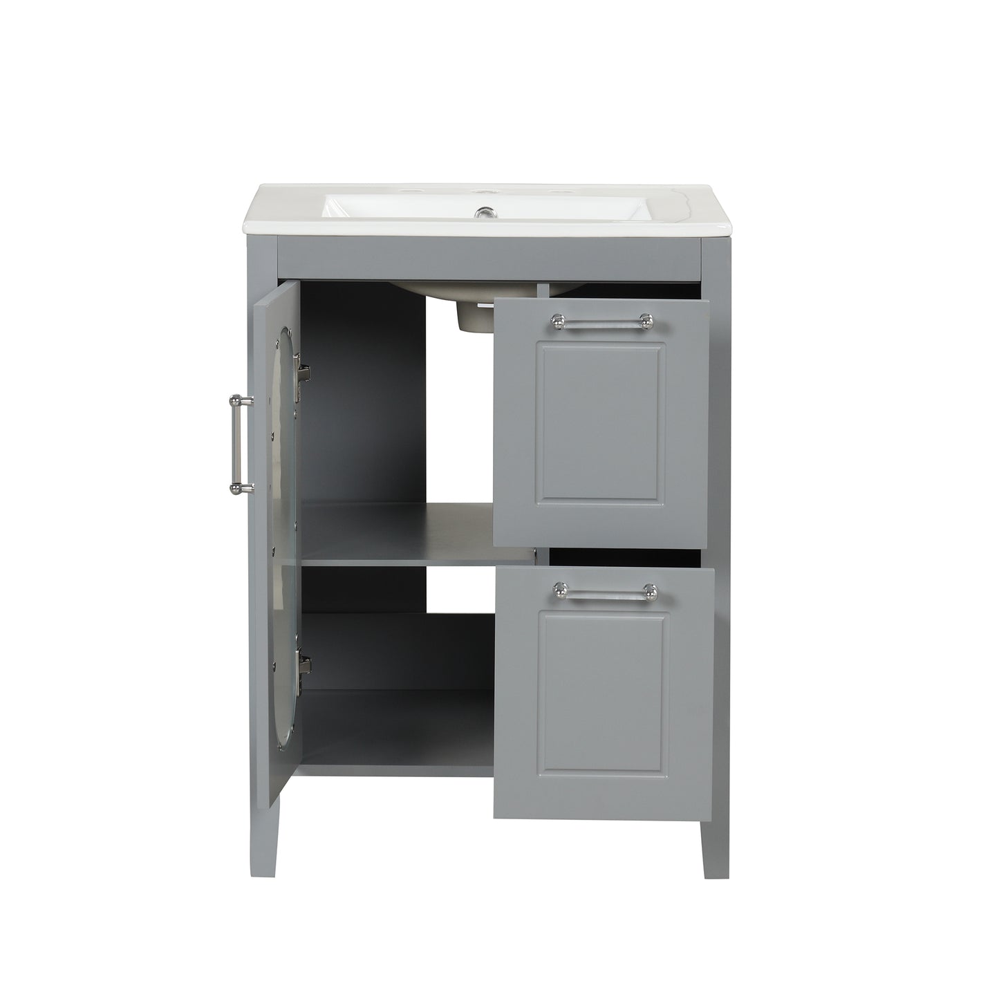 VanityFus 24-in Bathroom Vanity Gray Single Sink Combo with Ceramic Top 1 Soft Close Door 2 Drawers Adjustable Shelves