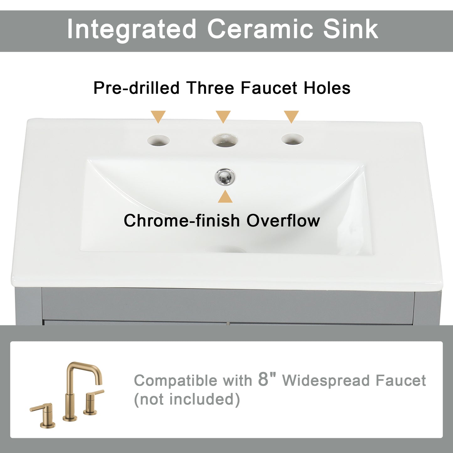 VanityFus 24-in Bathroom Vanity Gray Single Sink Combo with Ceramic Top 1 Soft Close Door 2 Drawers Adjustable Shelves