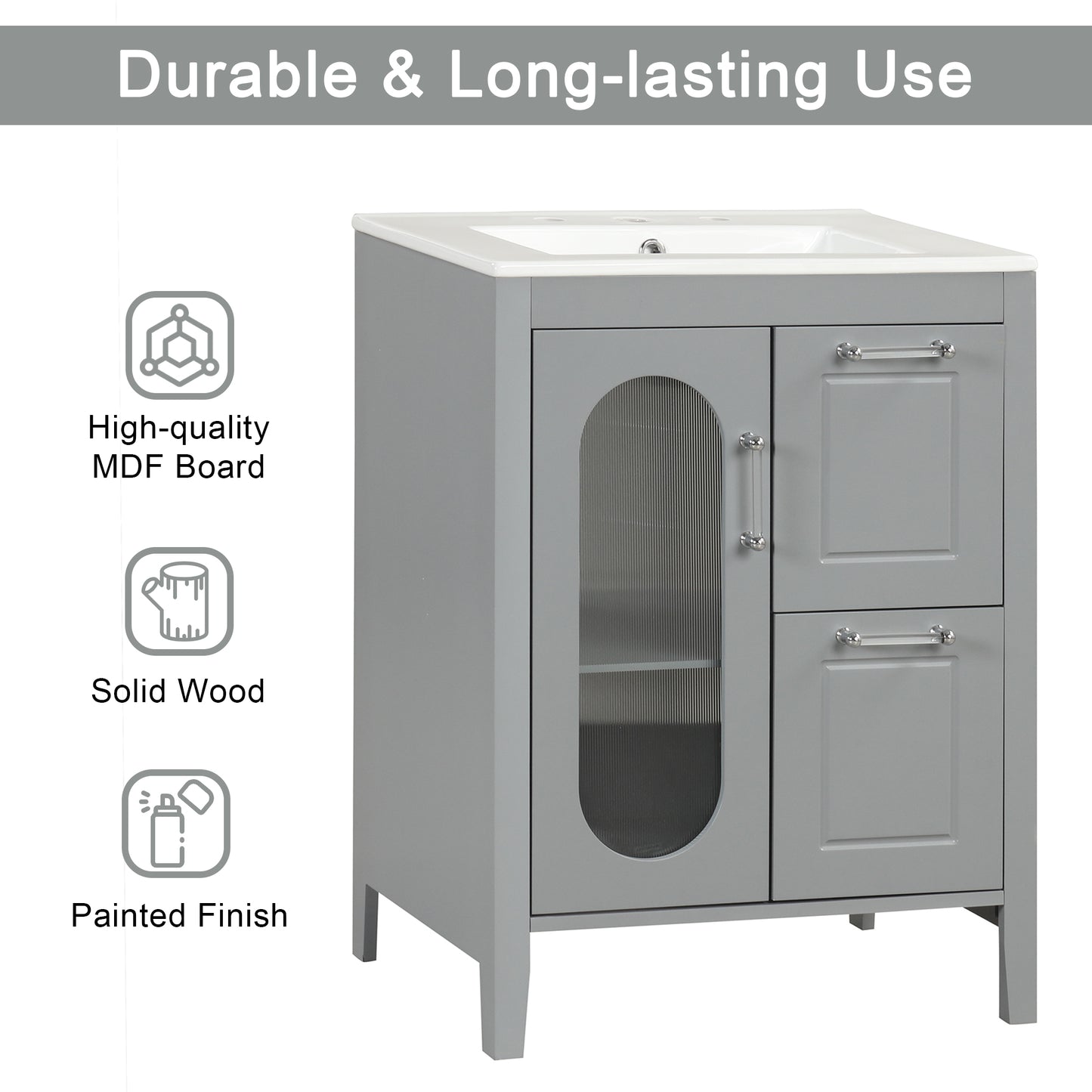 VanityFus 24-in Bathroom Vanity Gray Single Sink Combo with Ceramic Top 1 Soft Close Door 2 Drawers Adjustable Shelves