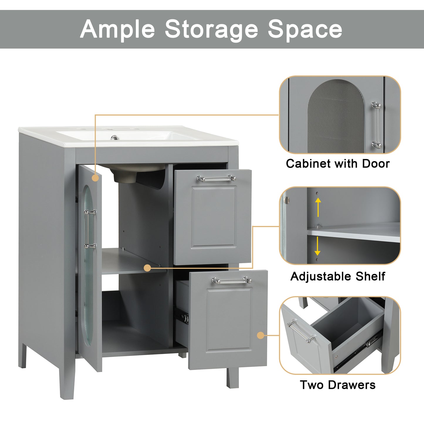 VanityFus 24-in Bathroom Vanity Gray Single Sink Combo with Ceramic Top 1 Soft Close Door 2 Drawers Adjustable Shelves