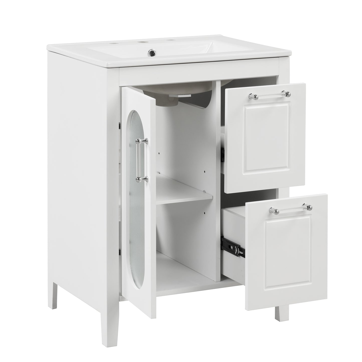 VanityFus 24-in Bathroom Vanity White Single Sink Combo with Ceramic Top 1 Soft Close Door 2 Drawers Adjustable Shelves