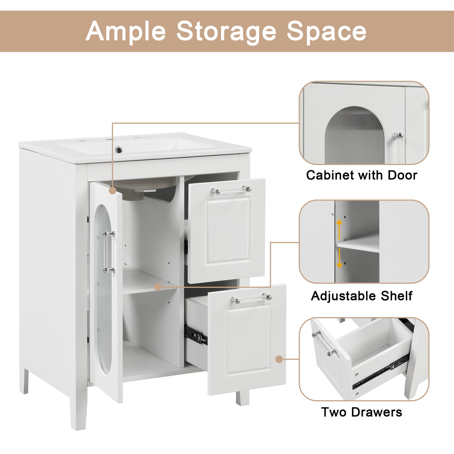 VanityFus 24-in Bathroom Vanity White Single Sink Combo with Ceramic Top 1 Soft Close Door 2 Drawers Adjustable Shelves