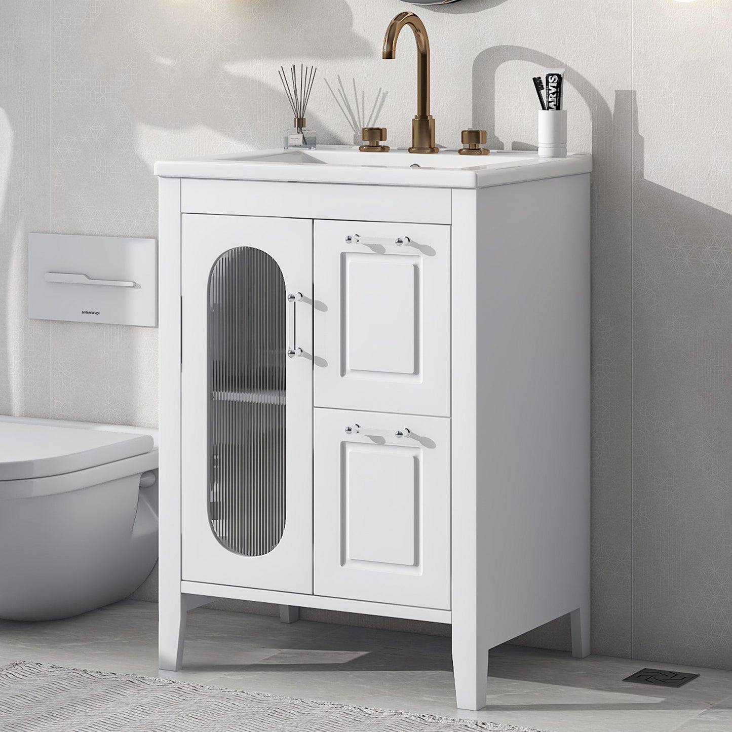 VanityFus 24-in Bathroom Vanity White Single Sink Combo with Ceramic Top 1 Soft Close Door 2 Drawers Adjustable Shelves