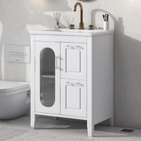 VanityFus 24-in Bathroom Vanity White Single Sink Combo with Ceramic Top 1 Soft Close Door 2 Drawers Adjustable Shelves