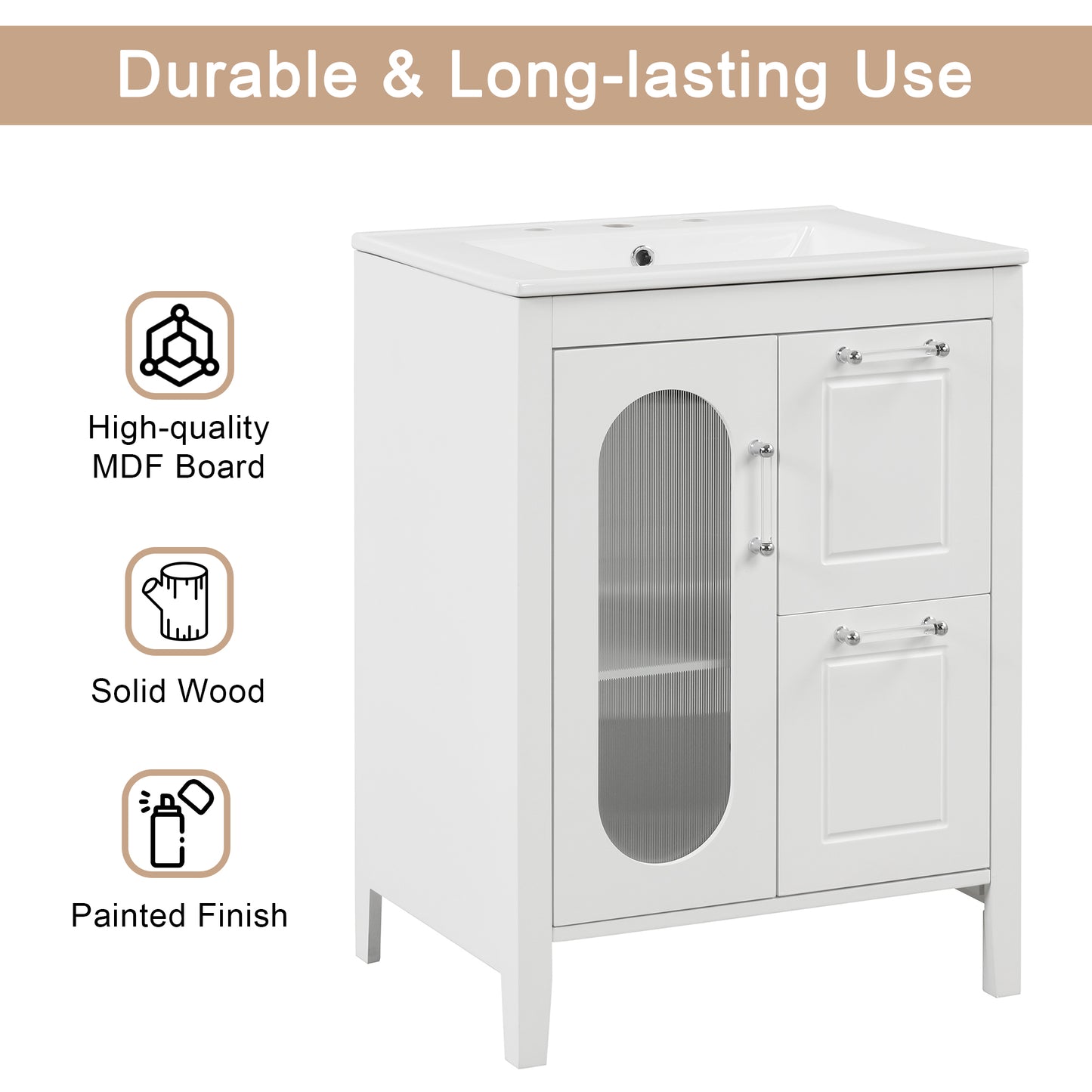 VanityFus 24-in Bathroom Vanity White Single Sink Combo with Ceramic Top 1 Soft Close Door 2 Drawers Adjustable Shelves