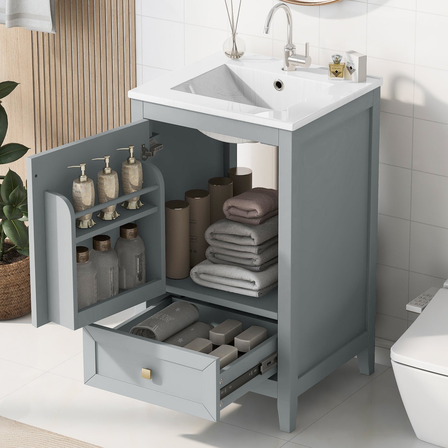 VanityFus 20-in Bathroom Vanity Gray Single Sink Combo with Ceramic Top 1 Soft Close Door 1 Drawer