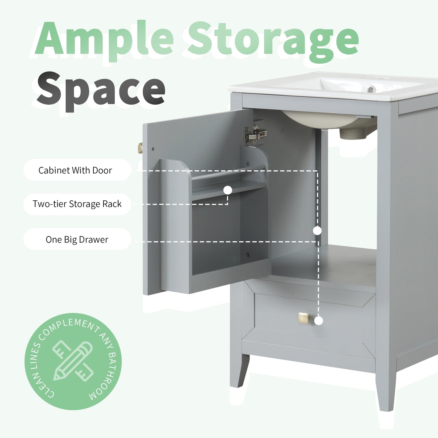 VanityFus 20-in Bathroom Vanity Gray Single Sink Combo with Ceramic Top 1 Soft Close Door 1 Drawer
