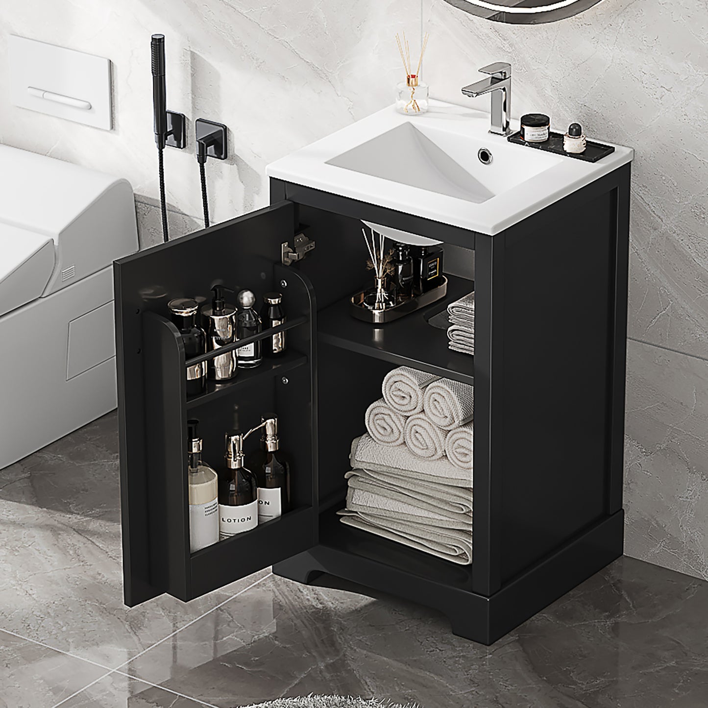 VanityFus 20-in Bathroom Vanity Black Single Sink Combo with Ceramic Top 1 Soft Close Door Adjustable Shelves