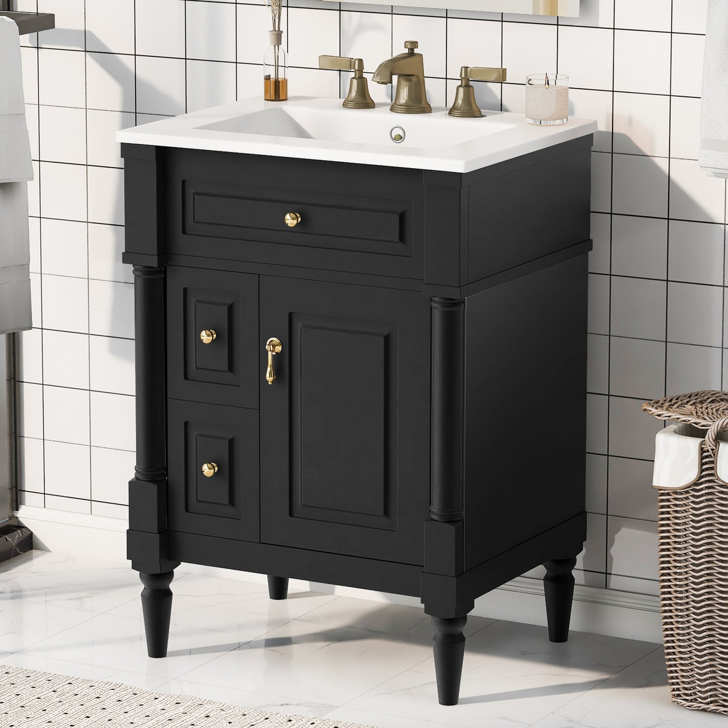 VanityFus 24-in Bathroom Vanity Black Single Sink Combo with Ceramic Top 1 Door 3 Drawers Adjustable Shelves