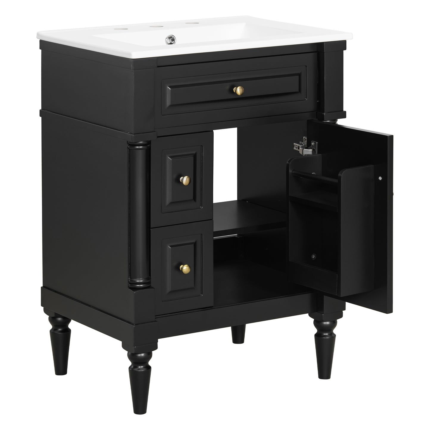 VanityFus 24-in Bathroom Vanity Black Single Sink Combo with Ceramic Top 1 Door 3 Drawers Adjustable Shelves