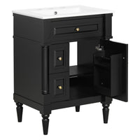VanityFus 24-in Bathroom Vanity Black Single Sink Combo with Ceramic Top 1 Door 3 Drawers Adjustable Shelves
