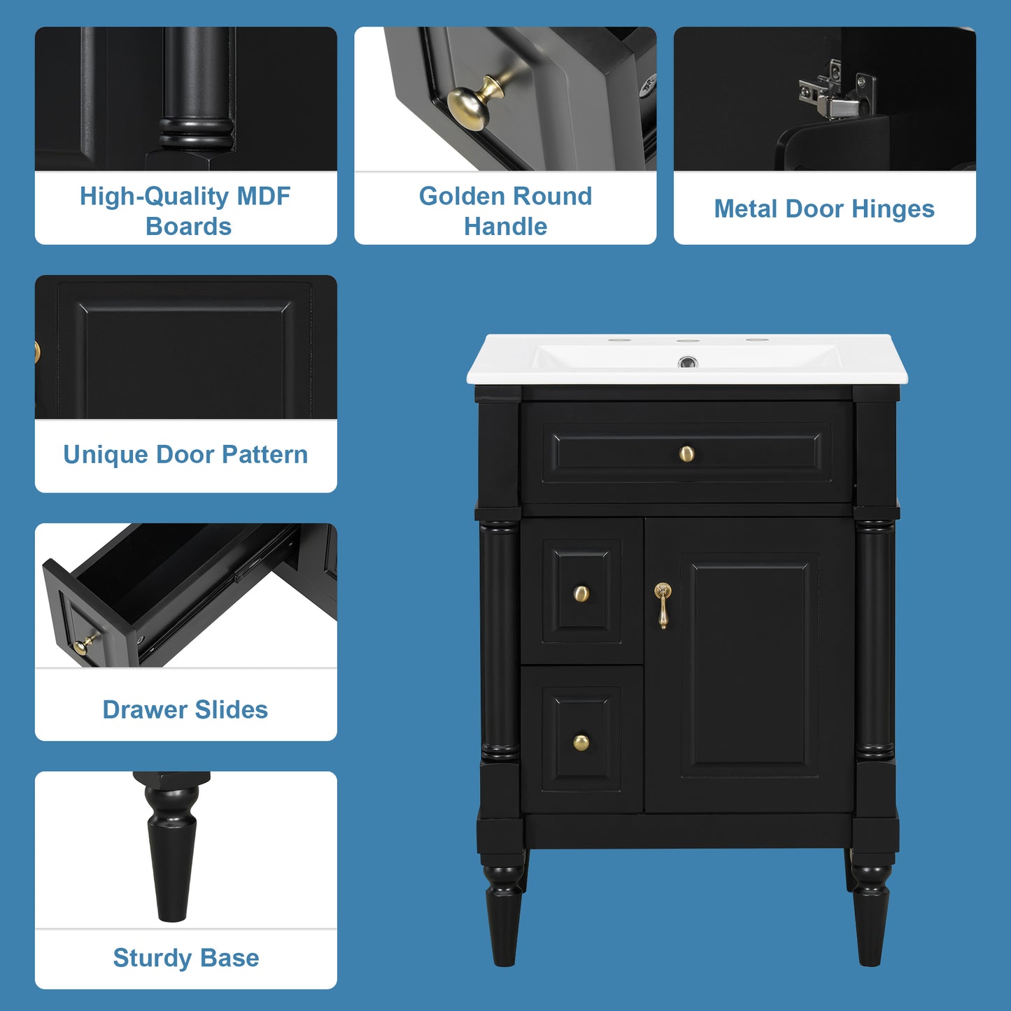 VanityFus 24-in Bathroom Vanity Black Single Sink Combo with Ceramic Top 1 Door 3 Drawers Adjustable Shelves