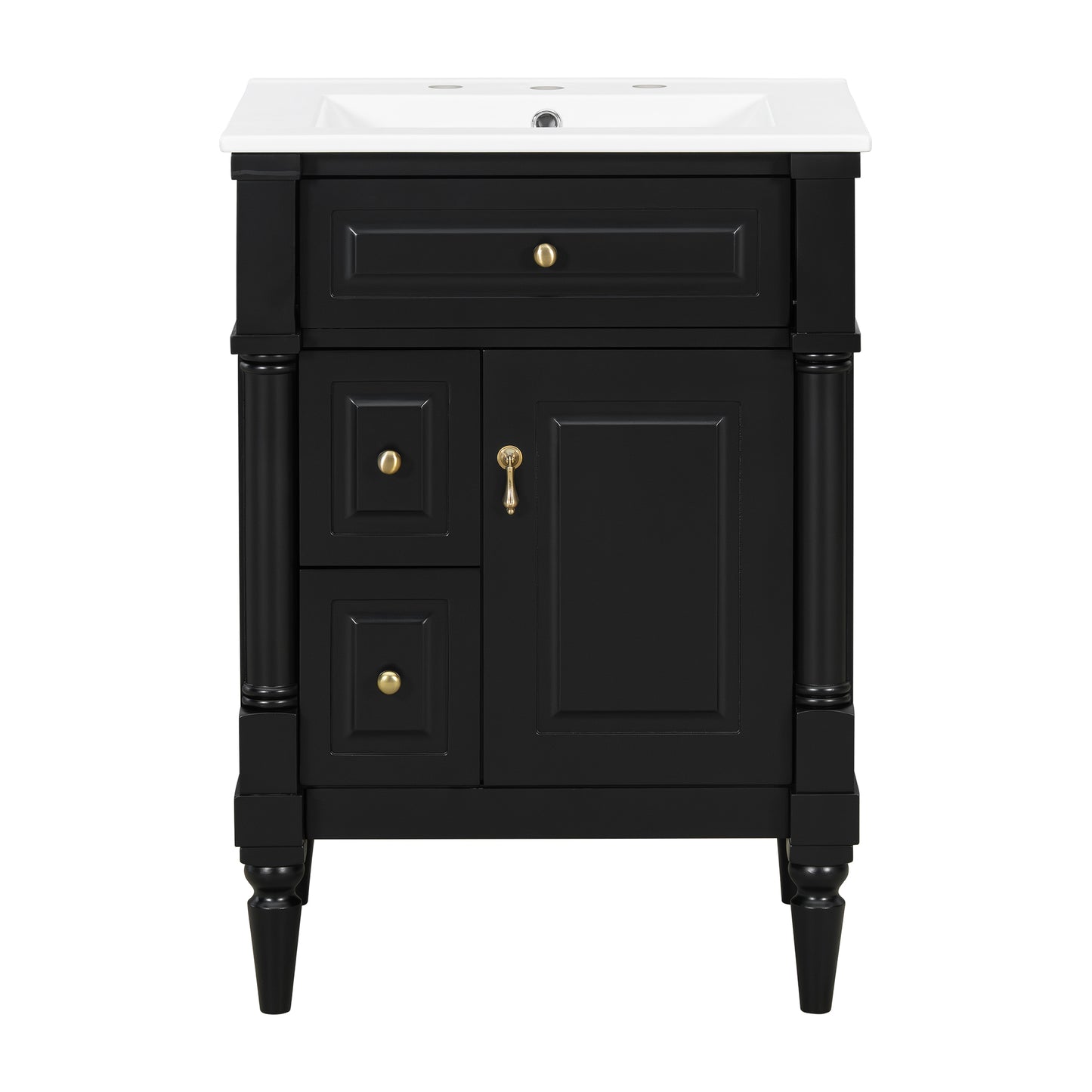VanityFus 24-in Bathroom Vanity Black Single Sink Combo with Ceramic Top 1 Door 3 Drawers Adjustable Shelves
