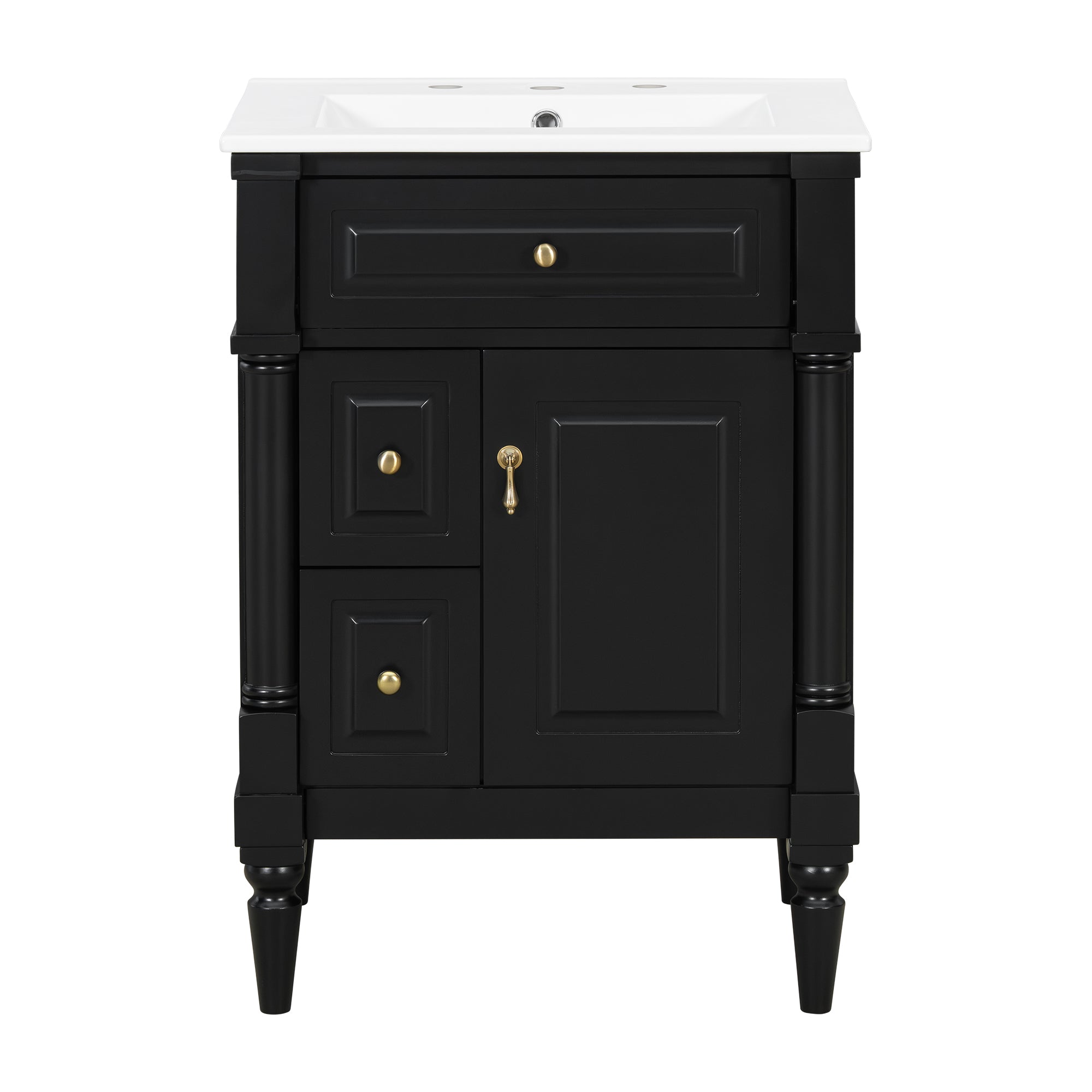 VanityFus 24-in Bathroom Vanity Black Single Sink Combo with Ceramic Top 1 Door 3 Drawers Adjustable Shelves